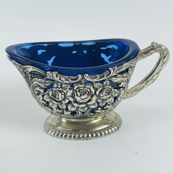Antique Silver Plated Rose Floral Design Cobalt Blue Lined Sugar And Creamer Set - Picture 2 of 16
